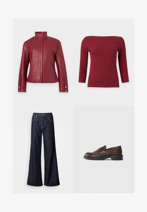 Veste en cuir rouge avec col haut, fermeture avant dissimulée, manches longues et poignets à boutons-pression.; Haut à manches longues côtelé rouge foncé uni avec un large col bateau et une silhouette ajustée sur fond gris clair.; Jean à jambes larges en denim foncé, présentant une taille haute, cinq poches, des coutures blanches contrastantes et une texture lisse.; Mocassins en cuir marron avec un bout arrondi, présentant une sangle décorative sur le dessus, et un talon bas en caoutchouc noir texturé.