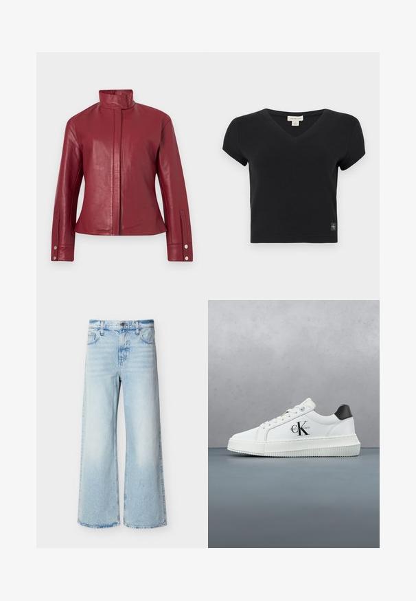 Rød læderjakke med høj krave, skjult lukning foran, lange ærmer og trykknapmanchetter.; Sort kortærmet V-hals t-shirt lavet af ribbet materiale. Har et lille, mærketikette på nederste venstre. Enkel, tætsiddende design.; Lyseblå højtaljede viddeben jeans med forlommer, bæltestropper og knaplukning.; Hvide lavtoppede sneakers med sort hælkænke, platformssål, snørebånd og Calvin Klein "CK" logo på siden.