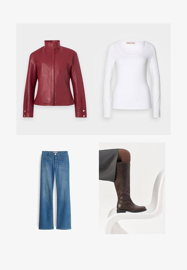 Rote Lederjacke mit hohem Kragen, verdecktem Frontverschluss, langen Ärmeln und Druckknopfmanschetten.; Langärmliges, weißes Baumwoll-T-Shirt mit einem U-Ausschnitt und einer figurbetonten Passform, glatter Textur und ohne Verzierung.; Blaue Jeans aus Denim mit einem geraden Bein Design, fünf Taschen und einem Knopfverschluss an der Taille. Verwaschene Optik mit subtiler Textur.; Braune Lederstiefel bis zum Knie mit abgerundeter Spitze, glatter Oberfläche und minimalen Nähten, vor einem hellen Hintergrund auf einem weißen Stuhl.