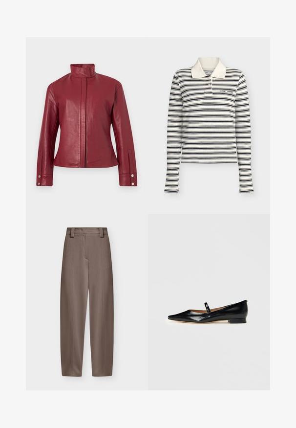 Veste en cuir rouge avec col haut, fermeture avant dissimulée, manches longues et poignets à boutons-pression.; Polo blanc à manches longues avec des rayures horizontales noires et deux boutons au col.; Pantalon marron taille haute à jambes droites avec passants pour ceinture et plis marqués nets à l'avant et à l'arrière.; Chaussure plate Mary Jane en cuir verni noir, à bout pointu, avec une seule sangle et un petit talon sur fond uni.