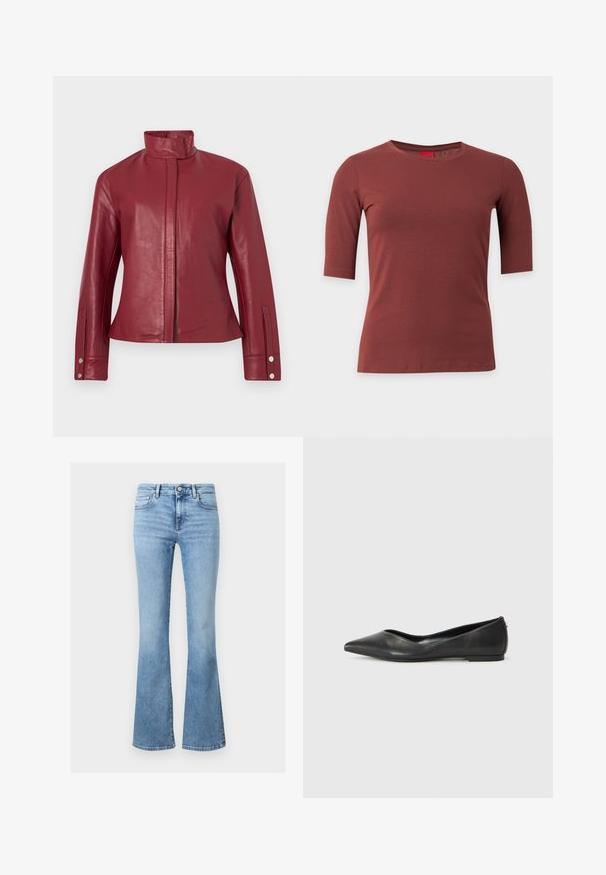 Rote Lederjacke mit hohem Kragen, verdecktem Frontverschluss, langen Ärmeln und Druckknopfmanschetten.; Braunes T-Shirt mit kurzen Ärmeln und Rundhalsausschnitt, einfarbig und mit regulärer Passform, auf weißem Hintergrund dargestellt.; Hellblaue Denim-Jeans mit hoher Taille, klassischem Fünf-Taschen-Stil, Knopfverschluss und leicht ausgestellten Beinen.; Schwarze Leder-Ballerinas mit spitzem Zehenbereich, niedrigem Absatz und glatter Textur. Minimalistisches Design mit einem dezenten seitlichen Akzent.