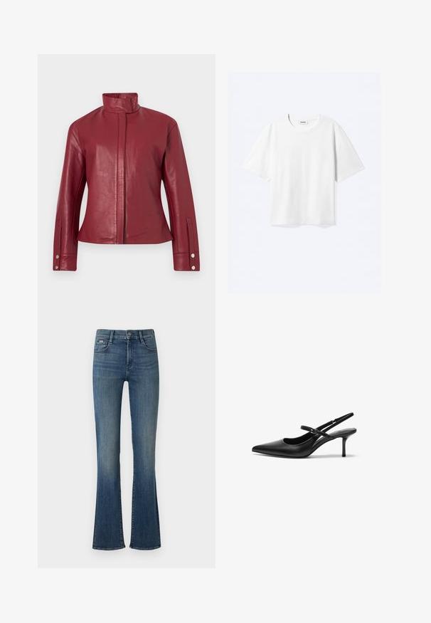 Rote Lederjacke mit hohem Kragen, verdecktem Frontverschluss, langen Ärmeln und Druckknopfmanschetten.; Weißes T-Shirt mit kurzen Ärmeln und Rundhalsausschnitt mit geradem Saum, innen mit gebrandetem "WEEKDAY"-Label am Kragen.; Dunkelblaue Schlagjeans aus Denim mit hoher Taille, einem einzigen vorderen Knopf und subtilen Ausbleichungen entlang der Beine.; Schwarze Leder Slingback-Absätze mit einer spitzen Zehenform, schmalem verstellbarem Riemen und einem etwa 5 cm hohen Stiletto-Absatz, glatte Textur.