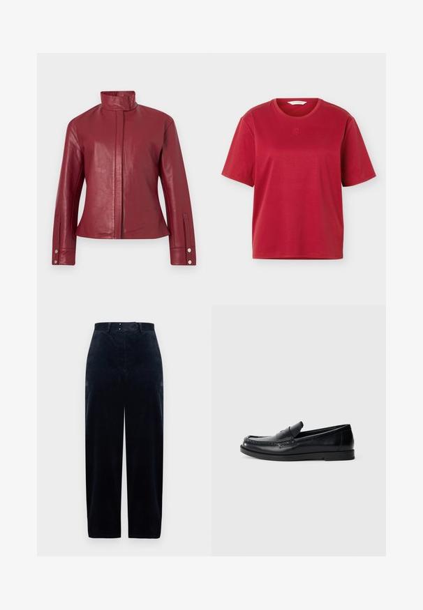 Veste en cuir rouge avec col haut, fermeture avant dissimulée, manches longues et poignets à boutons-pression.; T-shirt en coton rouge à manches courtes avec encolure ronde et petit logo brodé centré sous l'encolure, présenté sur un fond blanc.; Pantalon en velours côtelé bleu marine avec taille haute, jambes droites et deux poches avant. Doté d'une fermeture par bouton et glissière. Tissu texturé.; Mocassins en cuir noir avec un design d'accent cousu, bout rond, semelle plate en caoutchouc et finition lisse. Silhouette classique et polyvalente.