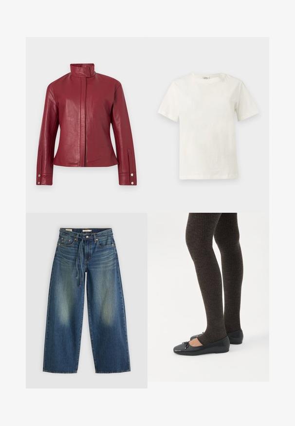 Chaqueta de cuero roja con cuello alto, cierre frontal oculto, mangas largas y puños con botones a presión.; Camiseta blanca de algodón lisa de manga corta con cuello redondo, mostrada sobre un fondo gris claro neutro.; Jeans de mezclilla de pierna ancha en azul oscuro con un diseño desgastado, que presentan una cinturilla con cordón y un estilo de cinco bolsillos.; Piernas con leggings oscuros acanalados combinados con bailarinas negras que presentan pequeños detalles de lazo sobre un fondo blanco.