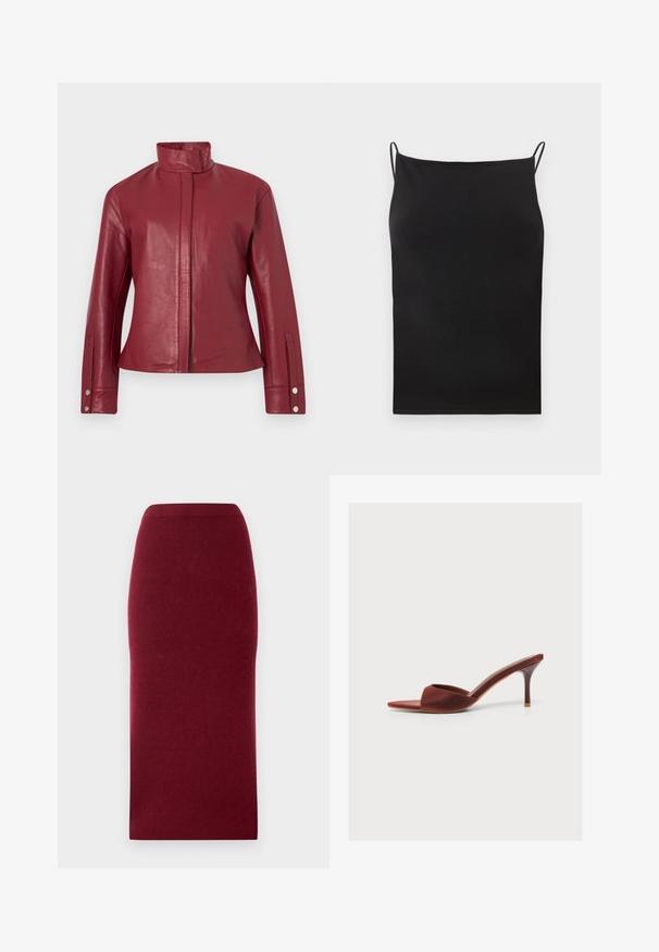 Rote Lederjacke mit hohem Kragen, verdecktem Frontverschluss, langen Ärmeln und Druckknopfmanschetten.; Schwarzes, geripptes Tanktop mit dünnen Spaghettiträgern und geradem Ausschnitt, vor weißem Hintergrund gezeigt.; Burgunderfarbene Strick-Midi-Rock mit einer taillierten Silhouette, glatter Textur und einem Bund. Keine sichtbaren Nähte oder Muster. Einheitliche Farbe durchgängig.; Offener brauner Mule-Schuh mit hohem, schlankem Stilettabsatz und einem breiten Riemen vorne.