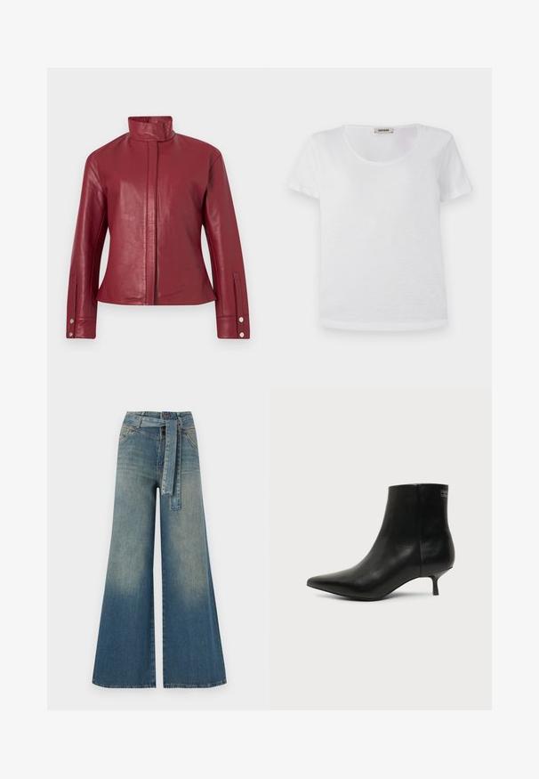 Chaqueta de cuero roja con cuello alto, cierre frontal oculto, mangas largas y puños con botones a presión.; Camiseta blanca de manga corta, hecha de una tela suave, con cuello redondo y dobladillo recto, sin patrones visibles ni acentos.; Pantalones de mezclilla de pierna ancha con un degradado de azul claro a oscuro, cintura alta, trabillas para cinturón y un cinturón de tela a juego. Acabado de mezclilla texturizada.; Botín de piel negra con puntera puntiaguda y tacón bajo estilo kitten sobre fondo claro, mostrando vista lateral exterior.