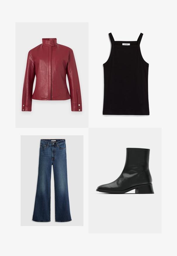Veste en cuir rouge avec col haut, fermeture avant dissimulée, manches longues et poignets à boutons-pression.; Débardeur noir à fines bretelles, en tissu côtelé, avec une coupe droite et une étiquette au niveau du col indiquant "IVY OAK."; Jean large en denim bleu foncé, avec une taille haute, un design à cinq poches et des coutures contrastantes le long des coutures et de la ceinture.; Bottine noire en cuir brillant, au design épuré, avec un bout pointu et un petit talon bloc pour plus de stabilité.