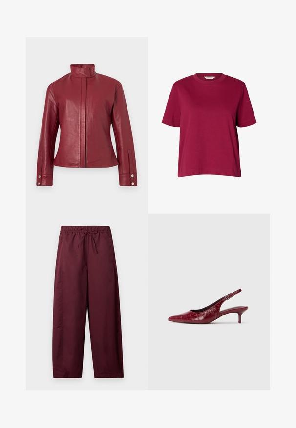 Rode leren jas met hoge kraag, verborgen voorsluiting aan de voorkant, lange mouwen en manchetten met drukknopen.; Effen bordeaux rood T-shirt met korte mouwen en ronde hals, losse pasvorm, weergegeven op een effen witte achtergrond.; Losse, bordeauxrode broek met elastische tailleband en trekkoord, rechte pijpen, zonder zichtbare zakken of patronen.; Bordeaux lederen slingback pump met krokodillenstructuur, puntige neus, verstelbare gesp en lage kittenhak op een witte achtergrond.