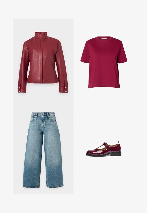 Rød læderjakke med høj krave, skjult lukning foran, lange ærmer og trykknapmanchetter.; Ensfarvet bordeaux t-shirt med korte ærmer og rund halsudskæring, løs pasform, vist på ensfarvet hvid baggrund.; Lyseblå denimjeans med høj talje, bred benudskæring, fem lommer, bæltestropper og knaplukning, vist mod en ensfarvet baggrund.; Burgunderfarvet patenteret læder Mary Jane sko med rund tå, T-strop, justerbar spænde og lav blokhæl. Glat tekstur og enkelt design.