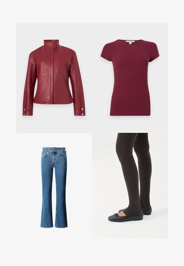 Veste en cuir rouge avec col haut, fermeture avant dissimulée, manches longues et poignets à boutons-pression.; Haut violet côtelé à manches courtes avec encolure ronde, silhouette ajustée et texture unie, présenté sur un fond uni.; Jean en denim évasé bleu moyen, doté d'une taille haute, d'une fermeture à deux boutons, d'un design classique à cinq poches et d'un léger délavage sur l'ensemble.; Jambes portant des leggings côtelés foncés associés à des ballerines noires avec de petits détails en nœud sur fond blanc.
