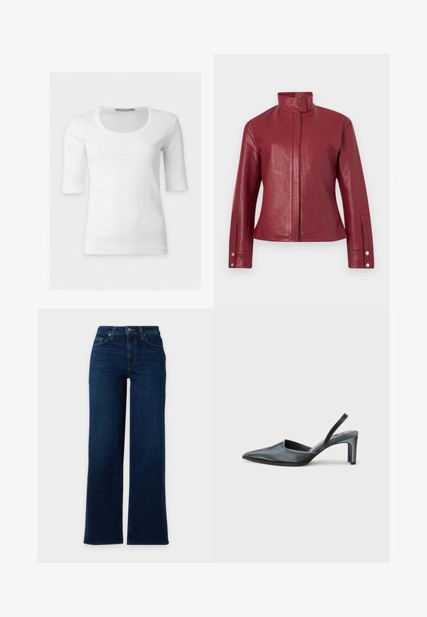 Veste en cuir rouge avec col haut, fermeture avant dissimulée, manches longues et poignets à boutons-pression.; Top blanc côtelé à manches courtes avec col rond et motif délicat embossé sur la poitrine.; Jean denim bleu foncé taille haute avec bouton et fermeture éclair, poches avant et arrière, jambes larges et droites.; Escarpin noir à bride arrière avec un bout pointu, une finition satinée élégante et un talon fin de 7,5 cm. Design latéral ouvert avec des détails de couture minimalistes.