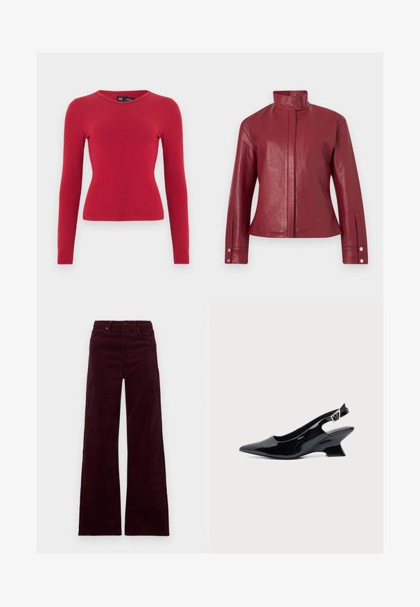 Veste en cuir rouge avec col haut, fermeture avant dissimulée, manches longues et poignets à boutons-pression.; Top rouge à manches longues côtelé avec un col arrondi. Confectionné dans un tissu doux, silhouette ajustée et détails subtils de texture. Étiquette de la marque visible.; Pantalon large en velours côtelé bordeaux à taille haute, doté d'une fermeture éclair, d'un bouton et de poches latérales. Texture lisse avec des côtes verticales.; Chaussure slingback en cuir verni noir avec bout pointu et petit talon bloc incliné sur fond clair uni.