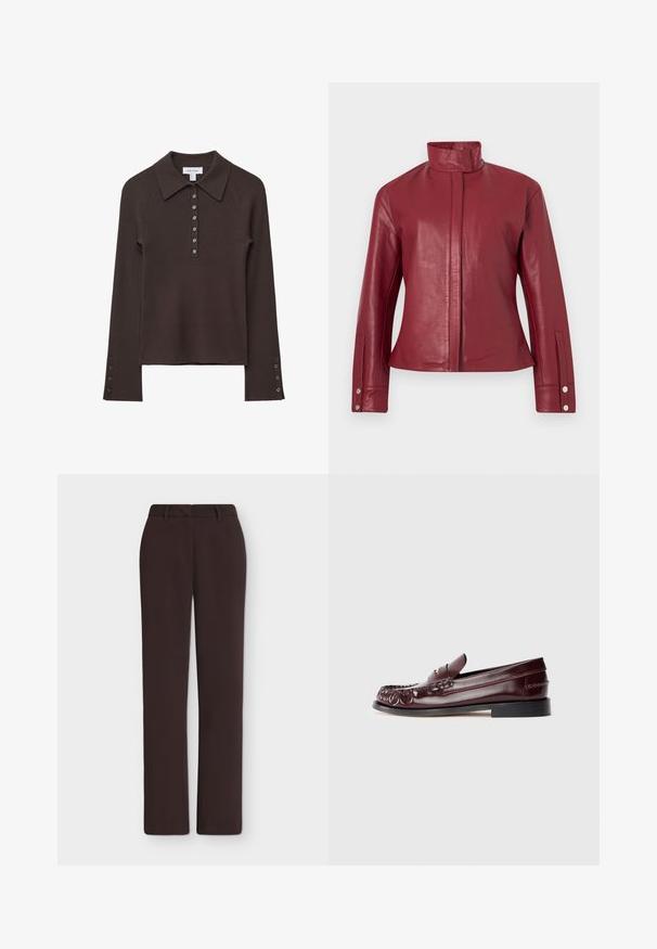 Veste en cuir rouge avec col haut, fermeture avant dissimulée, manches longues et poignets à boutons-pression.; Polo shirt à manches longues côtelé marron avec un col, patte de boutonnage à six boutons et accents de boutons sur les manches. Texture douce avec une silhouette ajustée.; Pantalon droit marron foncé avec passants de ceinture, braguette devant et poches latérales, présenté sur un fond blanc uni.; Mocassin penny en cuir bordeaux avec semelle noire et détail en métal doré sur le dessus, présenté en vue latérale sur fond blanc.
