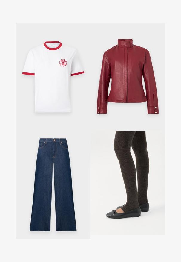 Veste en cuir rouge avec col haut, fermeture avant dissimulée, manches longues et poignets à boutons-pression.; T-shirt blanc à manches courtes avec col et bordures de manches rouges, avec un petit logo circulaire rouge "JOOP! Jeans" sur la poitrine gauche.; Jean denim bleu foncé à jambes larges avec boutons avant et poches, présenté sur un fond clair uni.; Jambes portant des leggings côtelés foncés associés à des ballerines noires avec de petits détails en nœud sur fond blanc.
