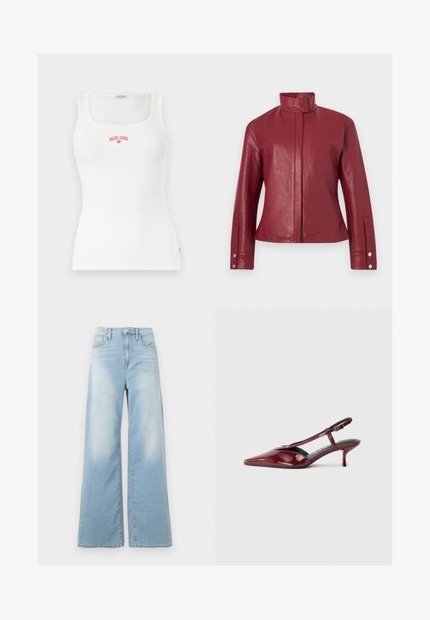 Veste en cuir rouge avec col haut, fermeture avant dissimulée, manches longues et poignets à boutons-pression.; Débardeur blanc côtelé sans manches avec un décolleté carré et le texte rouge "GUESS JEANS" ainsi que le logo en étoile sur la poitrine.; Jean large bleu clair à taille haute, avec boutons à l'avant et poches, présenté sur un fond blanc.; Chaussure slingback à petit talon aiguille en cuir verni bourgogne, à bout pointu, avec lanière en T et boucle en argent, sur fond blanc.