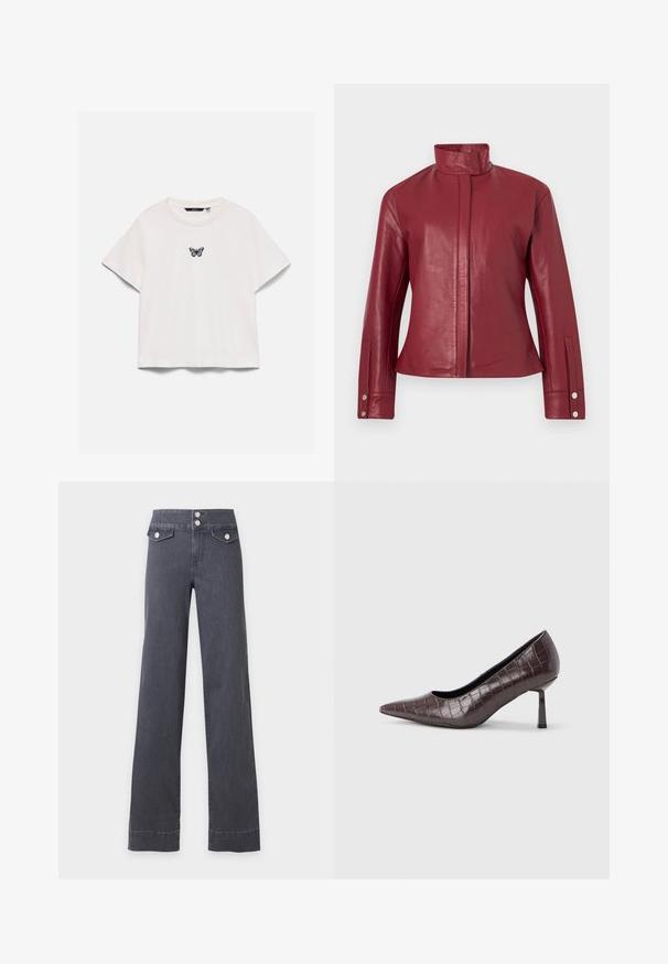 Veste en cuir rouge avec col haut, fermeture avant dissimulée, manches longues et poignets à boutons-pression.; T-shirt blanc à manches courtes avec col rond et petit motif papillon violet et noir centré sur la poitrine.; Jean gris foncé taille haute à jambes larges avec deux poches avant à rabat et boutons argentés sur fond uni.; Escarpins à bout pointu en similicuir marron avec une texture crocodile, dotés d’un talon fin et angulaire ainsi que d’une doublure intérieure lisse.