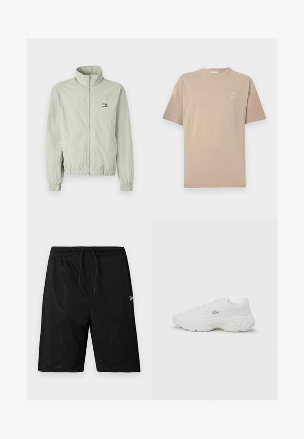 Chaqueta de cremallera verde claro con un collar alto, puños recogidos, cintura elástica y un pequeño parche de logo en el lado izquierdo del pecho.; Camiseta de algodón beige con cuello redondo, mangas cortas y una sutil marca impresa en la parte superior izquierda del pecho. Textura suave, diseño minimalista.; Bañadores deportivos de malla negra con cintura ajustable mediante cordón, que presentan una textura perforada y un pequeño logo blanco en la parte inferior derecha.; Zapatillas blancas con parte superior texturizada, puntera redonda y suela gruesa. Incluyen cordones y un pequeño logo en el lateral. Acabado liso.