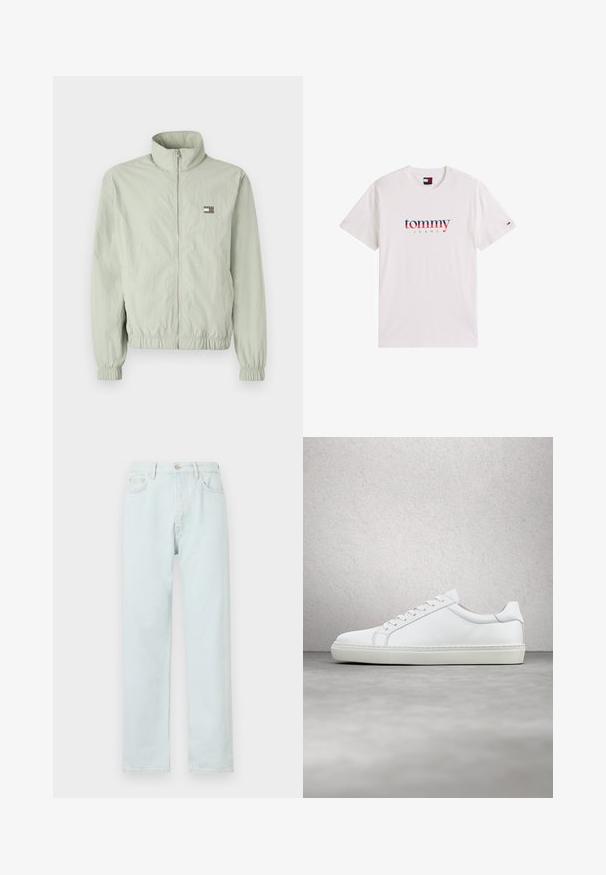 Lys grøn zip-jakke med høj krave, samlede manchetter, elastisk talje og en lille logo-patch på venstre bryst.; Hvid kortærmet t-shirt med "tommy JEANS" logo i rødt og blåt foran og lille broderet flag på venstre ærme.; Lyseblå lige bukser lavet af denim, med knaplukning, diskret slid, og fem-lomme design.; Hvide sneakers med en glat læderoverdel og lav profil. Har en rund tå, seks snørehuller og en tekstureret gummisål.