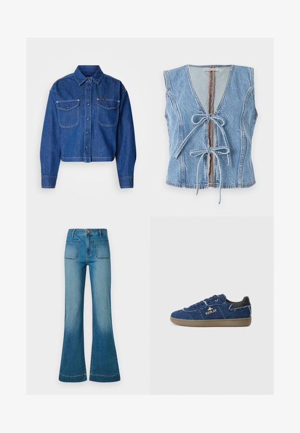 Veste en jean courte de couleur bleu foncé, avec deux poches poitrine, des boutons et des surpiqûres blanches contrastantes. Texture douce.; Gilet en denim bleu avec un décolleté en V profond, fermeture à nouer à l'avant et sans manches. Présente des coutures visibles et un ourlet brut.; Jean en denim bleu taille haute avec poches plaquées à l'avant et jambes évasées, comportant une fermeture à bouton et à zip.; Replay PYPER - Baskets basses - blue