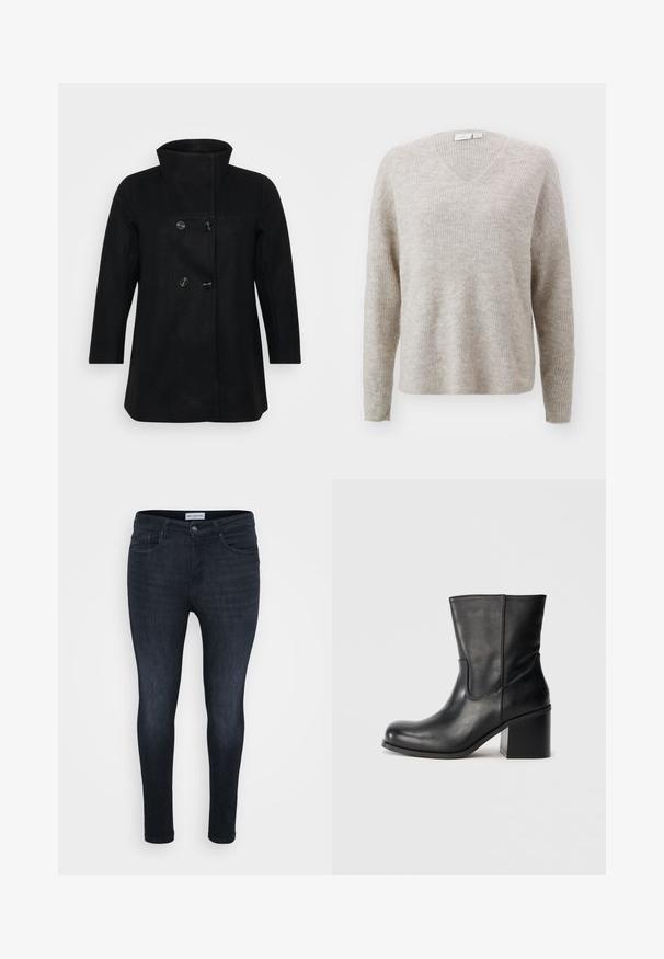 Sort uldblanding frakke med høj krave, dobbeltradet design og store runde knapper. Har lige ærmer og en minimalistisk stil.; Beige v-hals sweater lavet af tekstureret ribbet stof, der har lange ærmer og en afslappet pasform. Generelt blød fremtoning med et subtilt mønster.; Mørkeblå skinny jeans med en glat overflade, der har et klassisk fem-lomme-design og en lynlås med knaplukning.; Sort læderankelstøvle med rundet tå, sidesømme og en chunky blokhælk. Glat tekstur og minimalistisk design.
