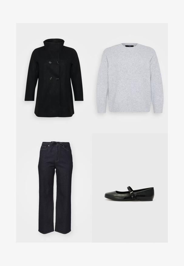 Sort uldblanding frakke med høj krave, dobbeltradet design og store runde knapper. Har lige ærmer og en minimalistisk stil.; Vero Moda Curve Knitted VMCBOOM Knitted - Striktrøje - light grey melange; Mørkeblå denimbukser med høj talje, vide ben og et bælte med sløjfe. Har standard syninger og en pæn kant.; Sorte læder balletflade med rund tå, flad sål og en tynd justerbar rem over svangen med en metalspænde.