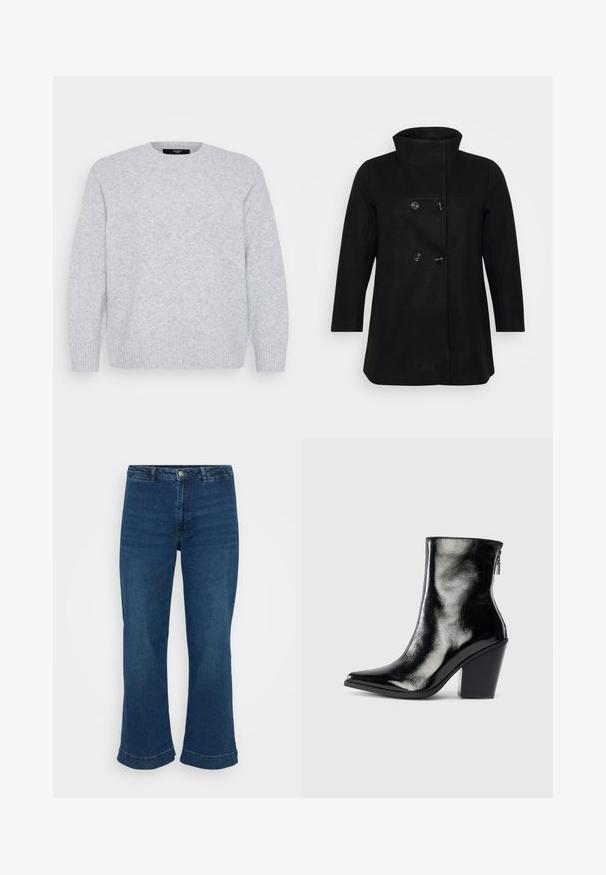Manteau en mélange de laine noire avec col haut, design double boutonnage et grands boutons ronds. Présente des manches droites et un style minimaliste.; Vero Moda Curve Knitted VMCBOOM Knitted - Pullover - light grey melange; Jean bleu taille haute avec une jambe droite et un ourlet évasé, en denim. Présente un design classique à cinq poches et une fermeture à bouton en métal.; Bottines en cuir noir avec une finition brillante, bout pointu et talon trapèze. Dotées d'une fermeture éclair latérale pour un enfilage facile.