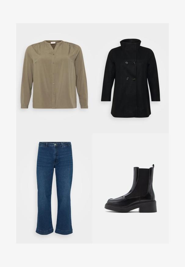 Must have villaane segu, kõrge kaelusega, kahe nööbiga disain ja suured ringsed nööbid. Omab sirgeid varrukaid ja minimalistlikku stiili.; Oliivroheline pluus, mis on valmistatud siledast kangast, millel on nööbiga eesmine osa, kari kaelus ja volditud detailid õlgadel. Pikad varrukad.; Kõrge vöökohtadega sinised teksad, sirgete säärte ja laieneva servaga, valmistatud denimist. Omab klassikalist viit taskut ja metallist nööbiga kinnihoidmist.; Mustaid Chelsea saapad jämeda kannaga, mis on varustatud läikiva nahast pealsiga ja elastsete külgpaneelidega, et neid saaks hõlpsasti jalga panna. Tugev kummist tall.
