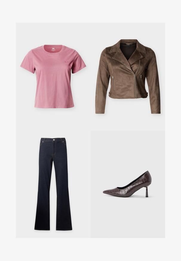 Veste courte de motard en daim marron avec col large, fermeture éclair asymétrique argentée, poches latérales zippées et sangles de taille à boutons.; T-shirt pour femme à manches courtes, col rond, rose poussiéreux, avec petit logo rouge Levi's sur la poitrine gauche sur fond blanc.; Jean en denim bleu foncé avec une taille haute et des jambes évasées, avec poches avant, bouton et fermeture éclair.; Escarpins à bout pointu en similicuir marron avec une texture crocodile, dotés d’un talon fin et angulaire ainsi que d’une doublure intérieure lisse.