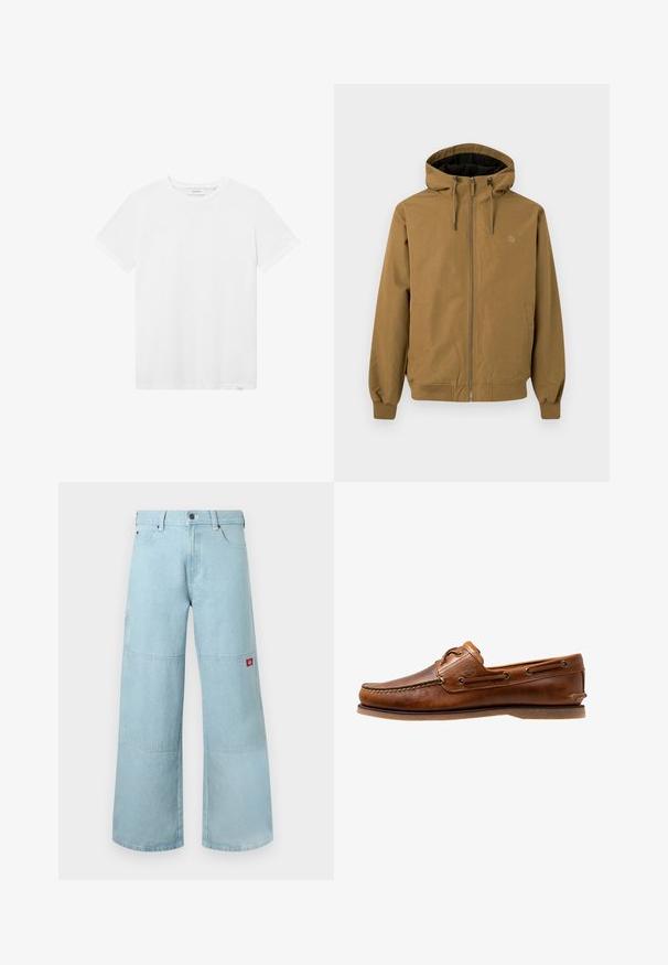 Braune Kapuzenjacke mit Reißverschluss auf der Vorderseite, elastischen Bündchen und Saum. Zwei seitliche Taschen, Logo auf der Brust, glatte Stoffoberfläche.; Weißes Baumwoll-T-Shirt mit Rundhalsausschnitt, kurzen Ärmeln und einem dezenten Logo auf der Brust. Glatte Textur und normale Passform.; Hellblaue Jeans mit weitem Bein aus Denimstoff und kontrastierenden Patches. Verfügt über eine vordere Knopfleiste und einen kleinen Logo-Patch an der Seitentasche.; Braune Lederbootsschuhe mit gesteppten Akzenten, metallischen Ösen, einer erhöhten Naht an der Zehe und einer flachen Gummisohle.