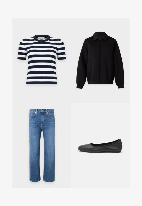 Veste noire zippée avec manches longues, col, poches latérales et poignets et ourlet côtelés, présentée sur un fond clair uni.; Haut à manches courtes en maille côtelée avec des rayures horizontales bleu marine et blanches et un col rond.; Jean en denim bleu à jambe droite avec un design classique à cinq poches et une fermeture à bouton, présenté sur un fond blanc.; Ballerines en cuir noir avec un bout rond, texture lisse, détails de couture minimalistes et design de semelle flexible.