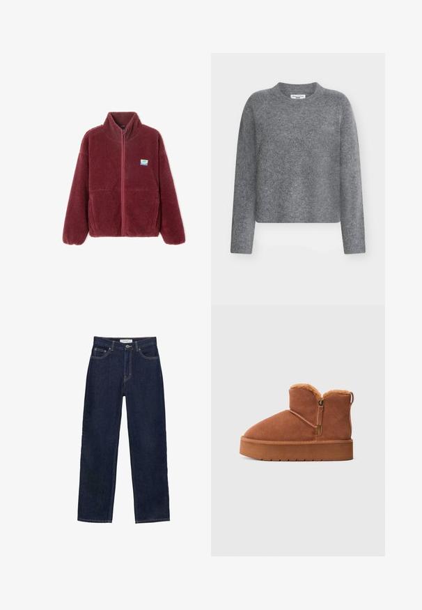 Veste en polaire bordeaux avec col montant, fermeture éclair complète, deux poches avant et un petit badge de marque sur la poitrine gauche. Tissu doux et texturé.; Pull en maille gris avec un col rond, des manches longues et une coupe courte. Texture douce et léger éclat subtil. Étiquette visible à l'intérieur.; Jean denim bleu foncé à jambe droite avec poches avant et arrière, fermeture à bouton et coutures visibles.; Bottines en suède marron avec semelle plate-forme, fermeture éclair sur le côté et doublure en fourrure visible sur le bord supérieur.