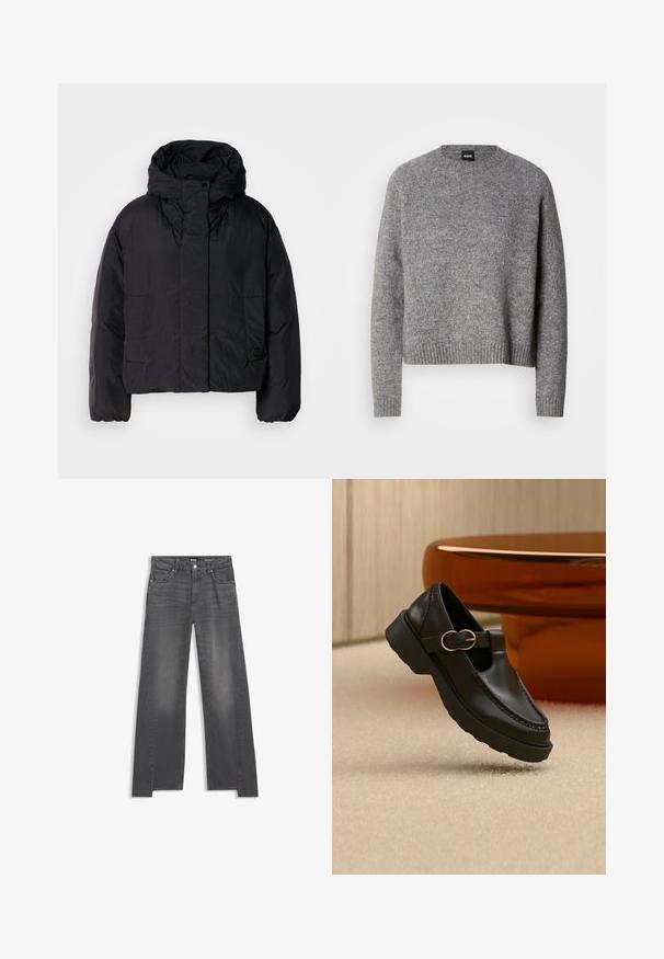 Sort pufferjakke med høj krave og hætte, der har to forlommer og elastiske manchetter. Glat, let materiale med mat finish.; Grå strikket sweater med rund hals, lange ærmer og ribbede manchetter og kant. Blød tekstur; minimalistisk design uden mønstre eller accenter.; Grå denim jeans med vid benåbning, der har et klassisk fem-lomme design og subtil falming over stoffet.; Sort læderloafer med en guldbeslået rem, tyk sål, vist svævende over beige tæppe med et brunt træbord i baggrunden.