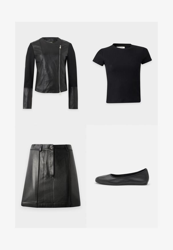 Sort jakke med læderfront og manchetter, stofærmer og asymmetrisk sølv lynlås lukning på højre side.; Sort ribbet kortærmet crop top med rund hals lavet af elastisk stof.; Sorte læderskirt med en struktureret form, der har en frontlomme og en metalaccent i taljen. Glat tekstur og broderede detaljer.; Sort læderballetsko med rund tå, glat tekstur, minimal syning og et fleksibelt såldesign.