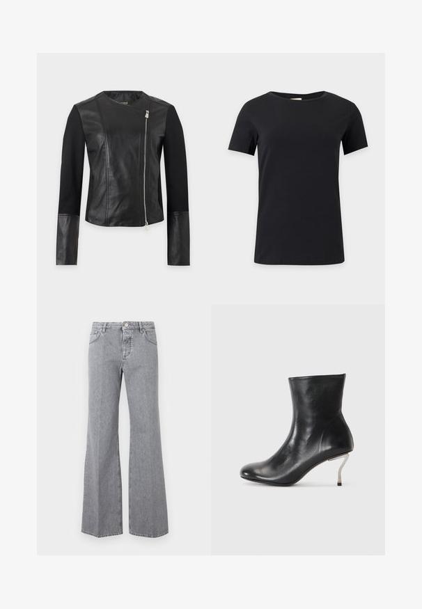 Sort jakke med læderfront og manchetter, stofærmer og asymmetrisk sølv lynlås lukning på højre side.; Simpel sort t-shirt med korte ærmer og rund hals, vist forfra på hvid baggrund, med et enkelt, ubemærket design.; Grå denimjeans med høj talje, frontknap og lynlås, fem lommer og brede, slåede ben, vist på en ensfarvet baggrund.; Sort læderankelstøvle med en buet sølv stilettohæl på en hvid baggrund.