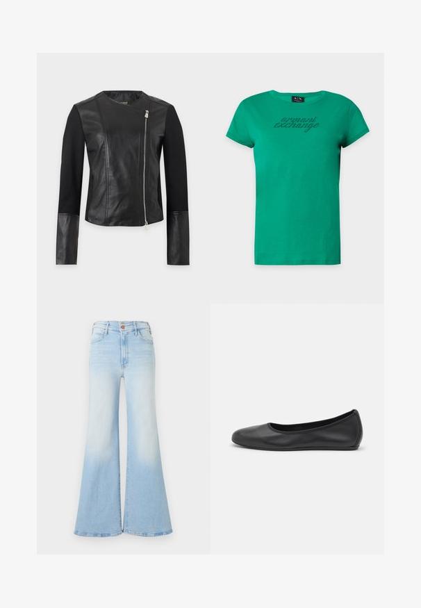 Veste noire avec devant et manches en cuir, manches en tissu, et fermeture éclair asymétrique argentée sur le côté droit.; T-shirt vert à manches courtes Armani Exchange avec encolure ronde et texte "armani exchange" en petits points noirs sur la poitrine.; Jean en denim bleu clair taille haute avec jambes évasées larges, fermeture à boutons sur le devant, et poches avant et arrière.; Ballerines en cuir noir avec un bout rond, texture lisse, détails de couture minimalistes et design de semelle flexible.