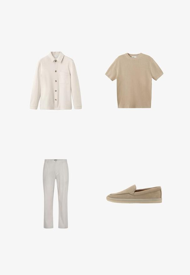 Chemise beige clair avec un col classique, cinq boutons sur le devant et une poche poitrine ; fabriquée en tissu doux et texturé.; Pull en maille beige à manches courtes avec col rond, design uni et col, poignets et ourlet côtelés.; Pantalons beige clair en tissu doux et lisse. Présentent une coupe droite, des plis à l'avant et une fermeture à un bouton à la taille.; Mocassin beige en daim à enfiler, semelle en caoutchouc clair, petit talon et coutures discrètes le long du bord supérieur.