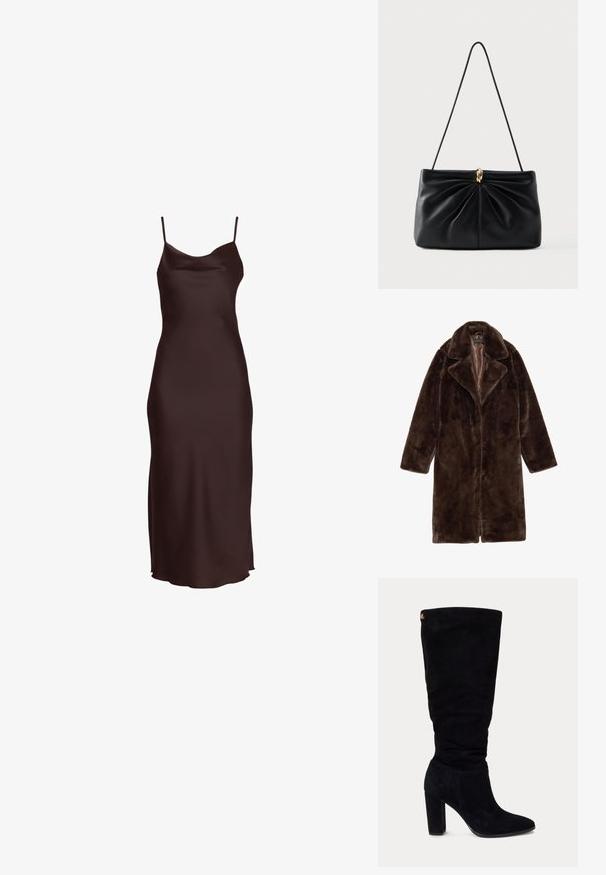 Brun faux fur frakke med en klippet krave, lange ærmer og en blød tekstur. Den har et satinfor og et åbent frontdesign.; Ærmeløs mørkebrun satin nattkjole med tynde spaghettistropper og en lige, gulvlængde silhuet.; Sort ruskind knæhøj damesko med blokhæle og spids tå, med et lille gyldent logo tag tæt på øverste bagside.; Sort lædertaske med et snoet design foran, en enkelt rem og en gylden hardware-detalje i midten. Glat tekstur.