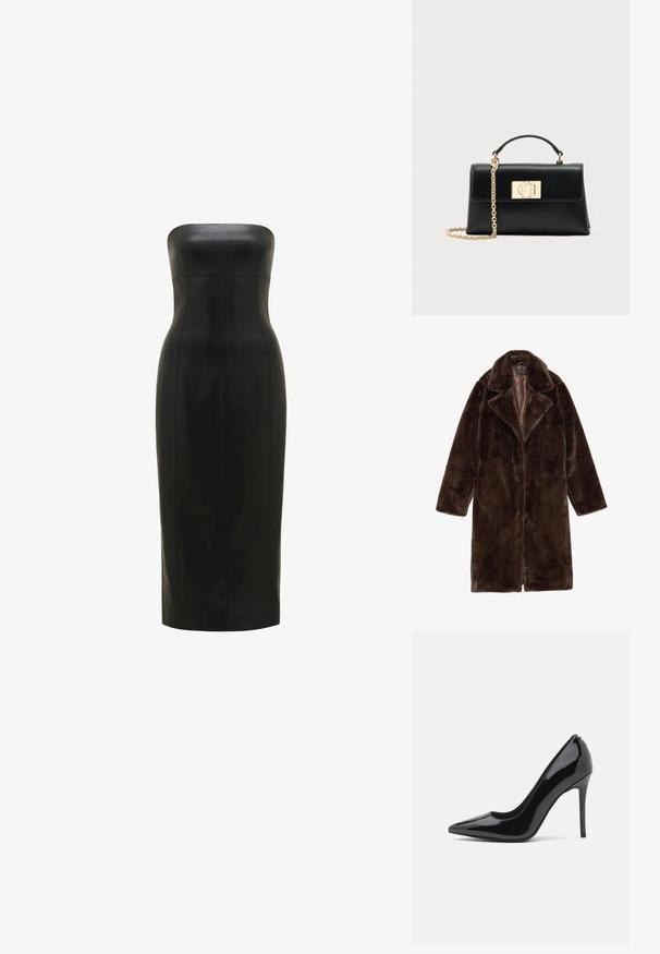 Abrigo de piel sintética marrón con cuello muesca, mangas largas y una textura suave. Presenta un forro satinado y un diseño de frente abierto.; Vestido de cuero negro, sin tirantes, con una silueta ajustada, de longitud hasta la rodilla, textura suave y costuras verticales para mayor definición.; Zapato de tacón alto de charol negro con punta afilada y textura suave, con un delgado tacón de aguja. Sin adornos visibles.; Bolso de mano de cuero negro con una forma estructurada, que cuenta con un asa superior y una correa de cadena en tono dorado. Herrajes decorativos dorados con detalle de logo.