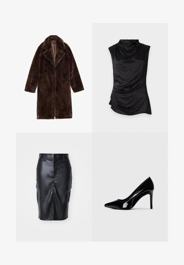 Brun faux fur frakke med en klippet krave, lange ærmer og en blød tekstur. Den har et satinfor og et åbent frontdesign.; Sort ærmeløs top i glat stof, der har en draperet cowl-neck, asymmetrisk kant og subtile samlingsdetaljer på siden.; Sort faux læder blyantskirt med en mellemlang design, der har frontknaplukning og to sidelommer med klap. Glat struktur.; Sort patentlæder højhælet sko med spids tå, præsenteret mod en simpel hvid baggrund.