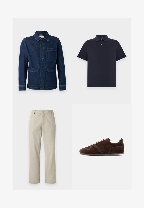 CLOSED ATELIER JACKET - Teksajakk - mid blue; Must lühikeste varrukatega polosärk, millel on kahe nupuga rihm ja klassikaline krae, helel taustal.; Beigendest riidest püksid sirge lõikega, millel on nupukinnitus ja kaks eesmist taskut. Sile tekstuur ja puhas disain koos minimaalsete detailidega.; Pruun seemisnahast madala säärega toss valgete paelade, tumepruuni ääristuse ja kandjal tõmmitsa detailiga, kujutatud välisküljelt.