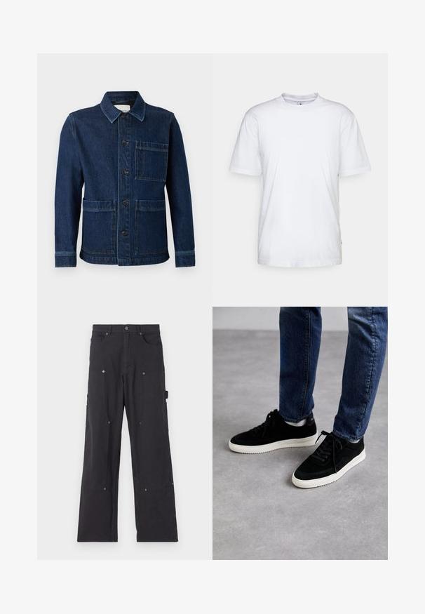 CLOSED ATELIER JACKET - Cowboyjakker - mid blue; Hvid bomulds t-shirt med rund hals, korte ærmer og lige kant. Har et lille mærke på den venstre sidesøm.; Sorte cargo-bukser lavet af slidstærkt stof med lige ben-design, der har forlommer, trykknapper og side-nytte lommer.; Sorte ruskind sneakers med en hvid gummisål, der har et klassisk low-top design, rundt tå og flade sorte snørebånd.