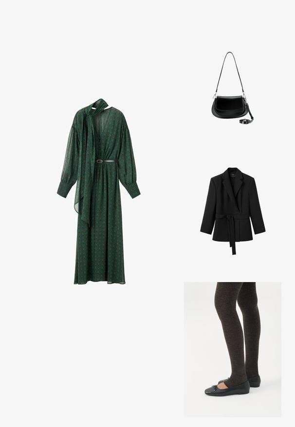 Blazer negro de manga larga con cuello con solapas y cinturón adjunto atado a la cintura, colgado sobre un fondo blanco.; Largo vestido verde con un estampado floral, que presenta un lazo en el cuello, mangas voluminosas y un cinturón que acentúa la cintura. Hecho de tela ligera.; Piernas con leggings oscuros acanalados combinados con bailarinas negras que presentan pequeños detalles de lazo sobre un fondo blanco.; Bolso de hombro de cuero negro con cierre de solapa, correa larga desmontable enrollada en la base y herrajes en tono plateado sobre un fondo blanco.