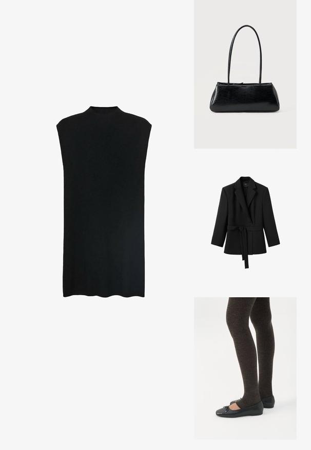 Blazer negro de manga larga con cuello con solapas y cinturón adjunto atado a la cintura, colgado sobre un fondo blanco.; Túnica negra sin mangas con un cuello alto, tejido suave, corte holgado y una silueta recta. El dobladillo es ligeramente curvado en la parte inferior.; Piernas con leggings oscuros acanalados combinados con bailarinas negras que presentan pequeños detalles de lazo sobre un fondo blanco.; Bolso de hombro rectangular negro con correas largas y delgadas y una textura lisa y brillante sobre un fondo liso.