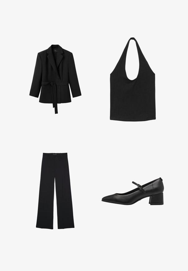 Blazer noir à manches longues avec col à revers et ceinture attachée nouée à la taille, suspendu sur fond blanc.; Sac cabas en tissu noir avec des bretelles larges et arrondies et un compartiment principal ouvert, présenté sur fond blanc.; Pantalon noir à jambes larges avec passants de ceinture, bouton frontal et fermeture éclair, étalé à plat sur un fond blanc.; Bottine en cuir noir à talon bas avec un bout pointu, une bride aux chevilles et une finition texturée. Design simple avec un solide talon carré.