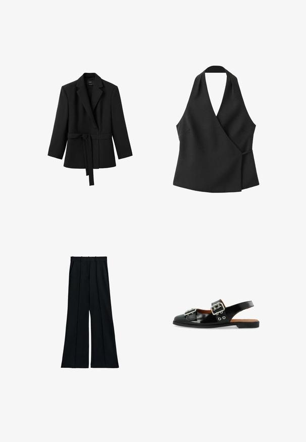 Blazer negro de manga larga con cuello con solapas y cinturón adjunto atado a la cintura, colgado sobre un fondo blanco.; Top negro sin mangas cruzado con escote halter y detalle de lazo lateral sobre fondo blanco.; Pantalones negros de pierna ancha con pliegues delanteros, trabillas para cinturón y bolsillos laterales, extendidos sobre un fondo blanco.; Zapato de charol negro tipo slingback con dos hebillas plateadas, suela plana y ojales decorativos en el costado para un detalle adicional.