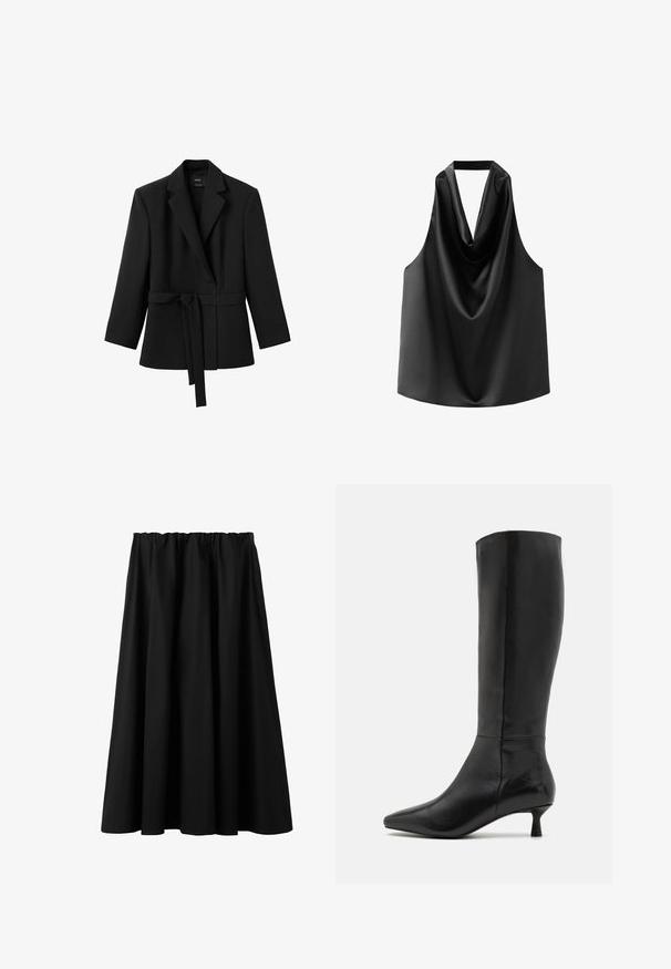 Zwarte blazer met lange mouwen, reverskraag en bevestigd ceintuur gestrikt in de taille, hangend tegen een witte achtergrond.; Zwarte mouwloze top van gladde satijn, met een gedrapeerde halslijn en een losse pasvorm met een afgeronde zoom. Geen zichtbare hardware of patronen.; Zwarte knielange rok met een elastische tailleband en een uitgesproken, geplooid ontwerp.; Zign by Zalando Laarzen - black