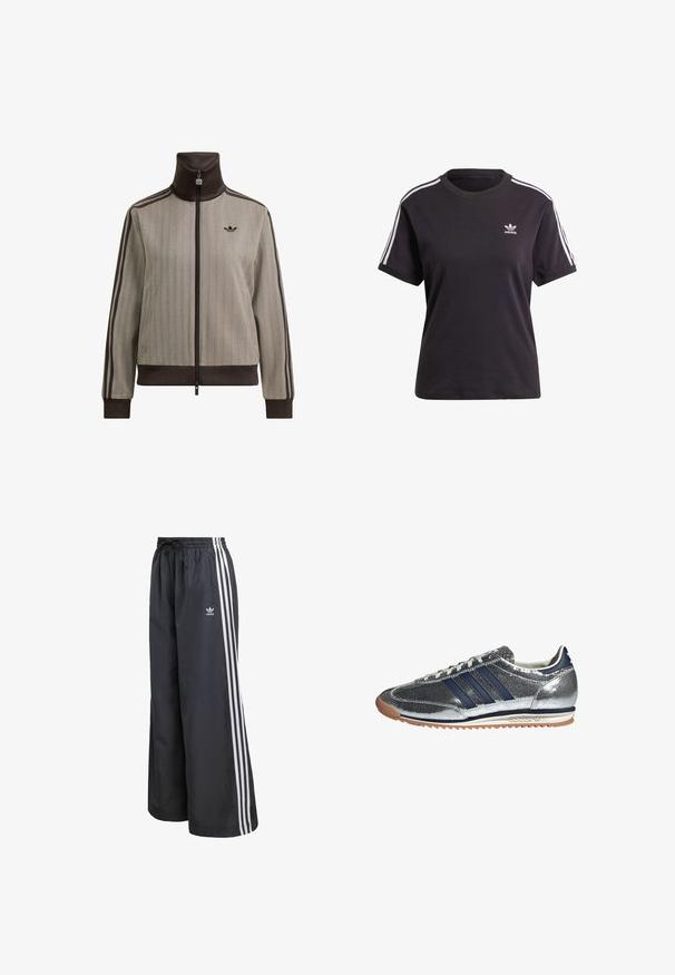 Beež ja pruun Adidas dressipluus täispikendusega luku, kõrge krae, soonikkoes varrukasuudade, kolme triibuga varrukatel ja logoga rinnal.; Must kõrge kaelusega must puuvillane T-särk lühikeste varrukatega, millel on valged triibud õlgadel ja väike valge Adidas'i logo rinna peal.; Mustad kergekaalulised spordipüksid, millel on kolm valget vertikaalset triipu ning kummist vöökoht paelaga.; Hõbedased sünteetilised tenninga navy triibudega, ümmargune varvas, valge vooder ja kummikreen. Omab tekstuuri pealmist osa ja nööriga sulgemist.