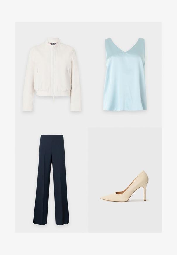Veste bomber courte de couleur blanc cassé, confectionnée dans un tissu lisse. Elle présente une fermeture éclair à l'avant, deux poches latérales zippées et un ourlet côtelé.; Haut sans manches en satin bleu clair avec encolure en V, coupe ample et texture lisse et brillante sur un fond uni.; Pantalon large bleu marine en tissu lisse à taille haute sans fermetures visibles, présentant des lignes épurées et une silhouette élégante.; Escarpin en cuir beige à talon haut avec un bout pointu et un détail découpé sur le côté, possédant un talon stiletto fin pour le soutien.