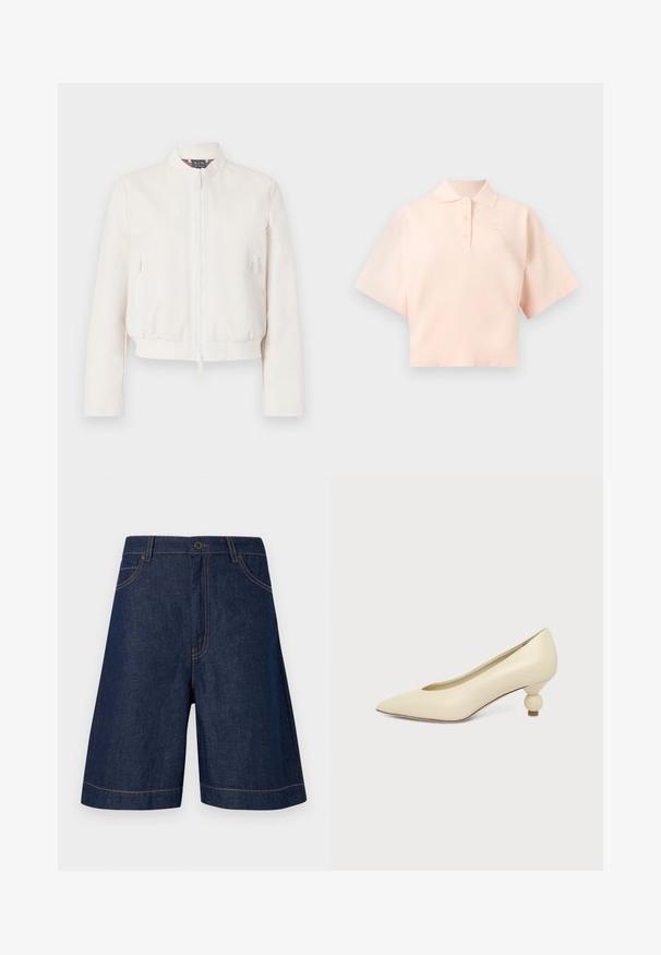 Veste bomber courte de couleur blanc cassé, confectionnée dans un tissu lisse. Elle présente une fermeture éclair à l'avant, deux poches latérales zippées et un ourlet côtelé.; Polo court rose clair avec manches courtes larges, patte de boutonnage à trois boutons et petit logo brodé sur la poitrine.; Short en denim bleu foncé avec bouton sur le devant, passants de ceinture et surpiqûres contrastées, présenté sur un fond clair unicolore.; Chaussure femme couleur crème à bout pointu avec un petit talon rond en forme de boule, sur fond uni.