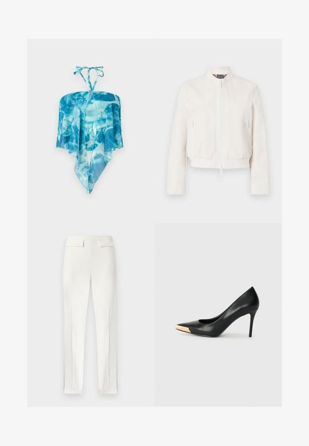 Veste bomber courte de couleur blanc cassé, confectionnée dans un tissu lisse. Elle présente une fermeture éclair à l'avant, deux poches latérales zippées et un ourlet côtelé.; Haut dos nu à teinture bleue avec tissu transparent et ourlet pointu en forme de mouchoir, suspendu sur un fond blanc.; Pantalon blanc pour femmes, cintré, avec pince avant et deux poches à rabat boutonnées sur la ceinture, présenté à plat.; Pompe à talon haut en cuir noir avec bout pointu ; présente une accentuation métallique dorée sur le capuchon. Surface lisse avec un design épuré.